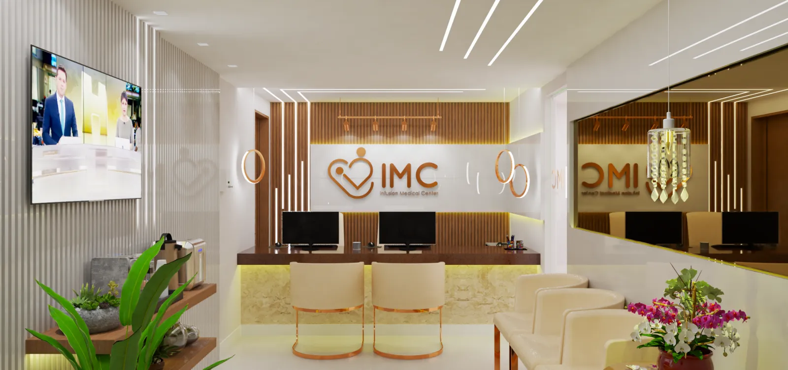 Projeto 3D da recepção da Clínica IMC, com balcão de atendimento e área de espera