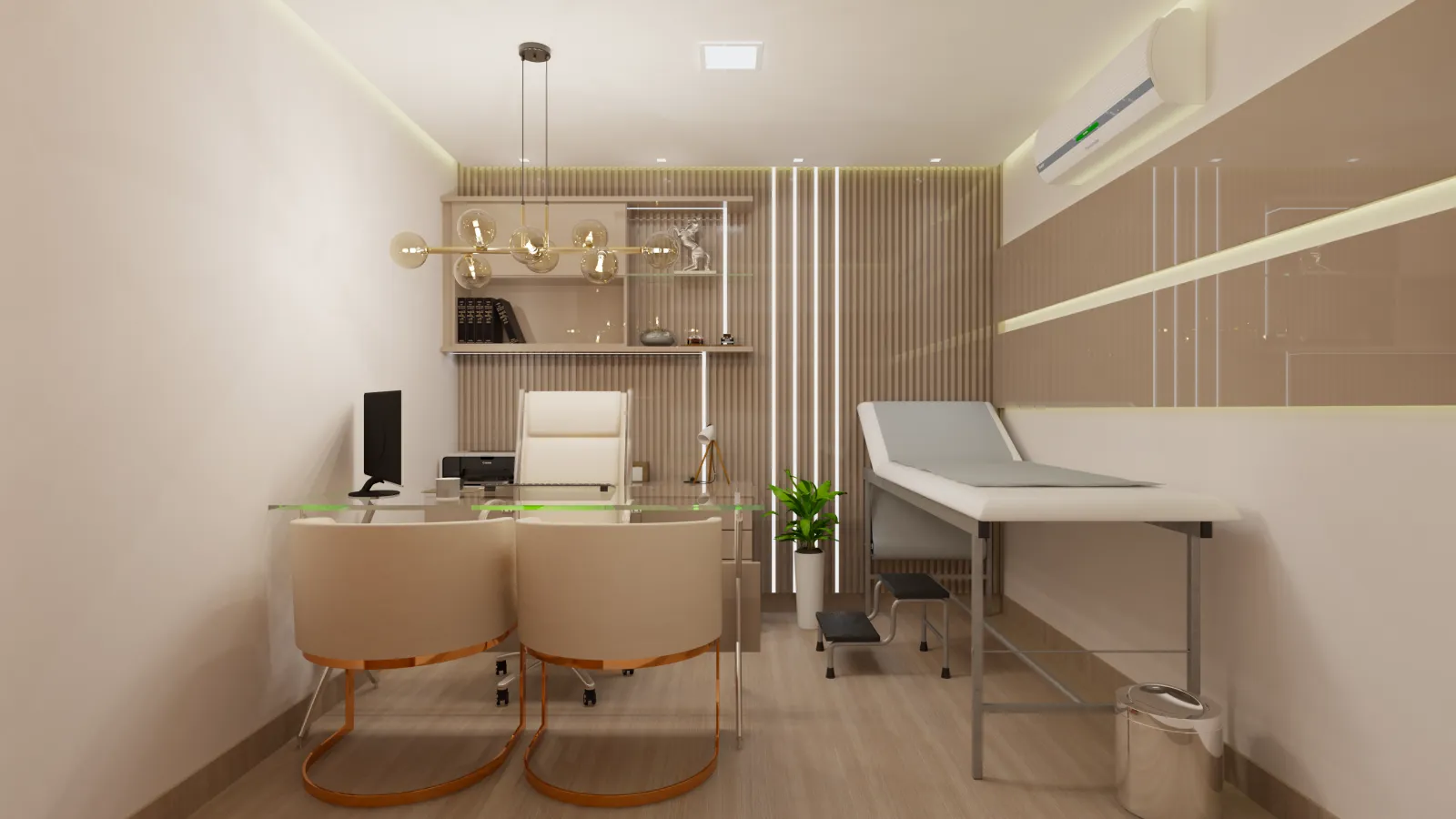 Projeto 3D do consultório médico da Clínica IMC, com mesa, poltronas e maca de exame