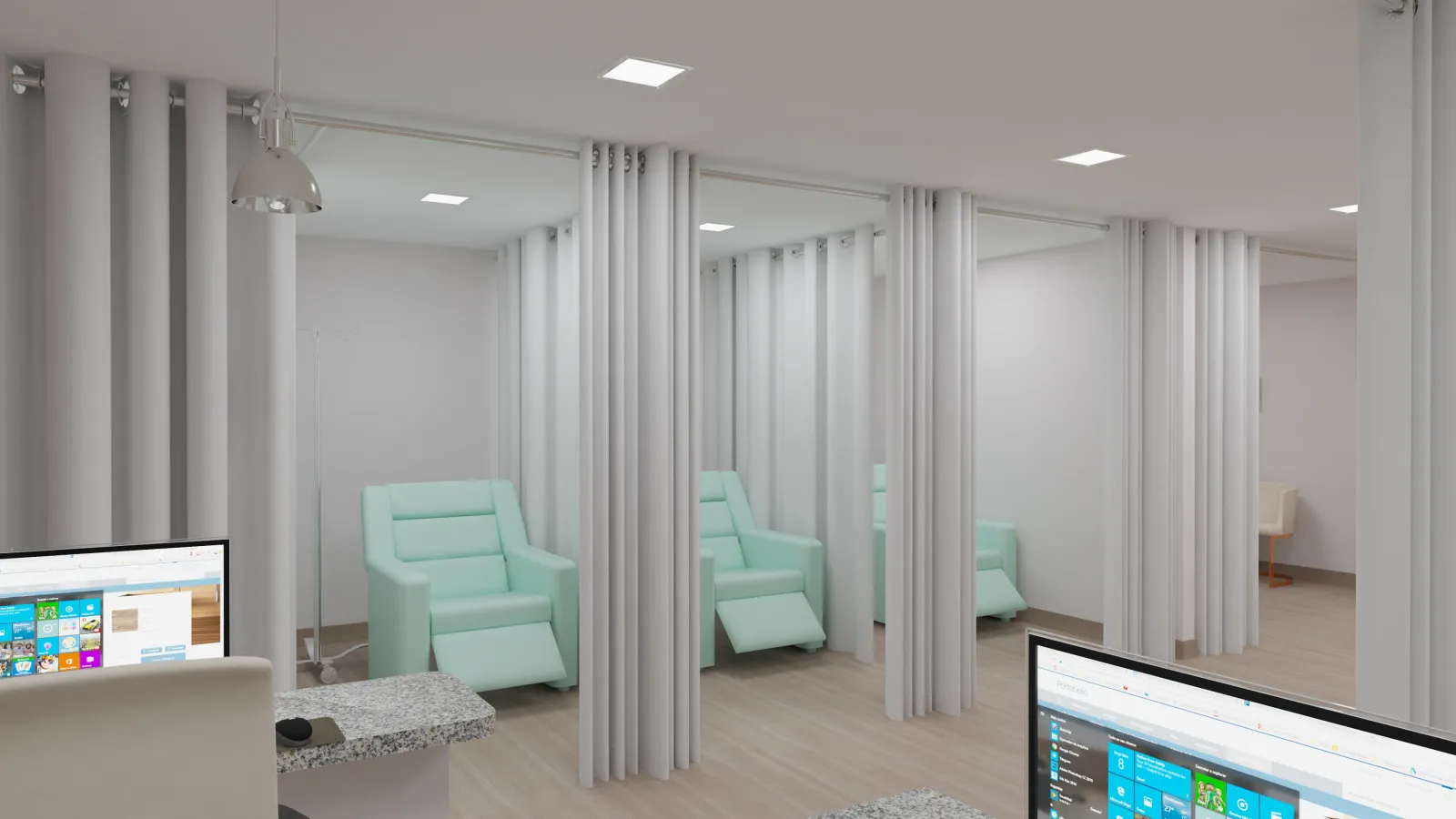 Projeto 3D da sala de infusão da Clínica IMC, com poltronas reclináveis separadas por cortinas
